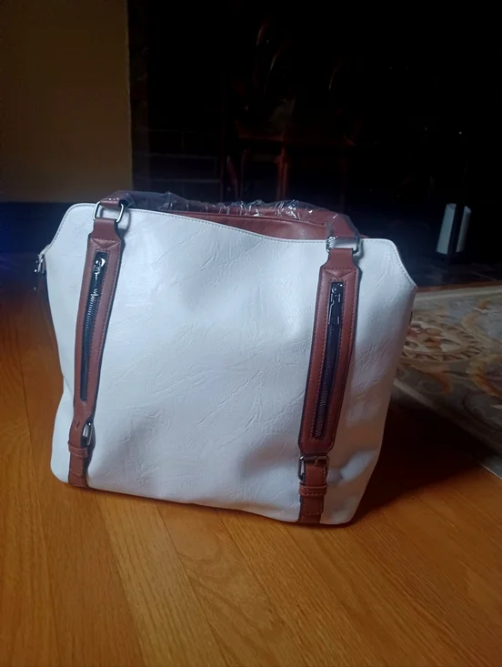WHITE & BROWN SHOULDER BAG w/GENUINE LEATHER ACCENTS/TRIM-(NEW) - Picture 8 of 10